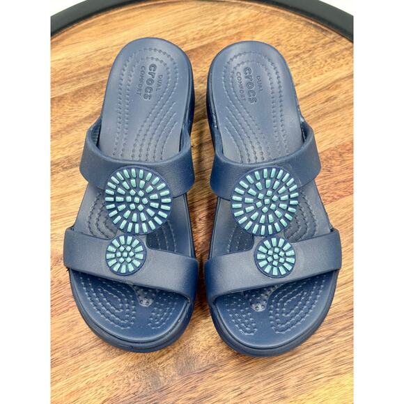 CROCS Monterey Diamante Wedge Women's 5 Navy Blue Slides Open Toe Shoes - Picture 5 of 9